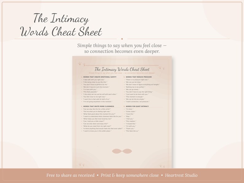 K&ouml;nnte beinhalten: Ein beigefarbener digitaler Druck mit dem Titel The Intimacy Words Cheat Sheet, der vier kategorisierte Listen mit S&auml;tzen zur F&ouml;rderung der Verbindung enth&auml;lt. Der Text umfasst Abschnitte zu emotionaler Sicherheit, Druckminderung, N&auml;he und Intimit&auml;t.