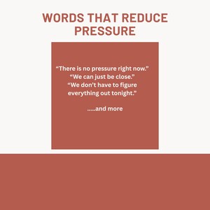 K&ouml;nnte beinhalten: Eine quadratische Grafik mit terrakottafarbenem Hintergrund und dem Text WORDS THAT REDUCE PRESSURE oben. Darunter steht der Text: There is no pressure right now. We can just be close. We don't have to figure everything out tonight. .....and more.
