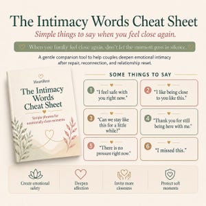 May include: A printed guide titled The Intimacy Words Cheat Sheet with a cream cover featuring botanical illustrations and a heart icon. The document includes a numbered list of six phrases for emotional connection and four icons at the bottom.