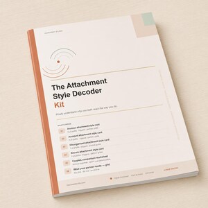 May include: The Attachment Style Decoder Kit, a softcover book with a cream-colored cover and orange spine. The cover features the title in black and the text "Finally understand why you both react the way you do." The book includes cards and a worksheet.