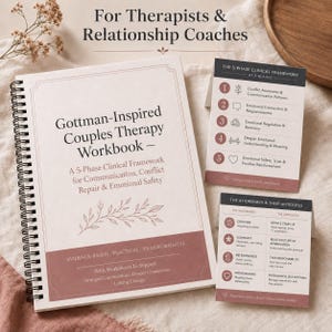 May include: A spiral-bound Gottman-Inspired Couples Therapy Workbook with a cream cover, maroon accents, and floral line art. Two informational cards accompany the book, titled The 5-Phase Clinical Framework and The 4 Horsemen & Their Antidotes.