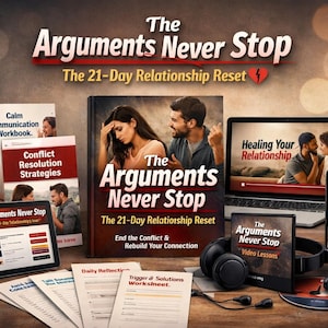 Puede incluir: Un conjunto de recursos de autoayuda para relaciones, que incluye un libro titulado "The Arguments Never Stop", cuadernos de trabajo, un portátil que muestra un vídeo, un smartphone, auriculares y un CD. También se ve el título "The 21-Day Relationship Reset".