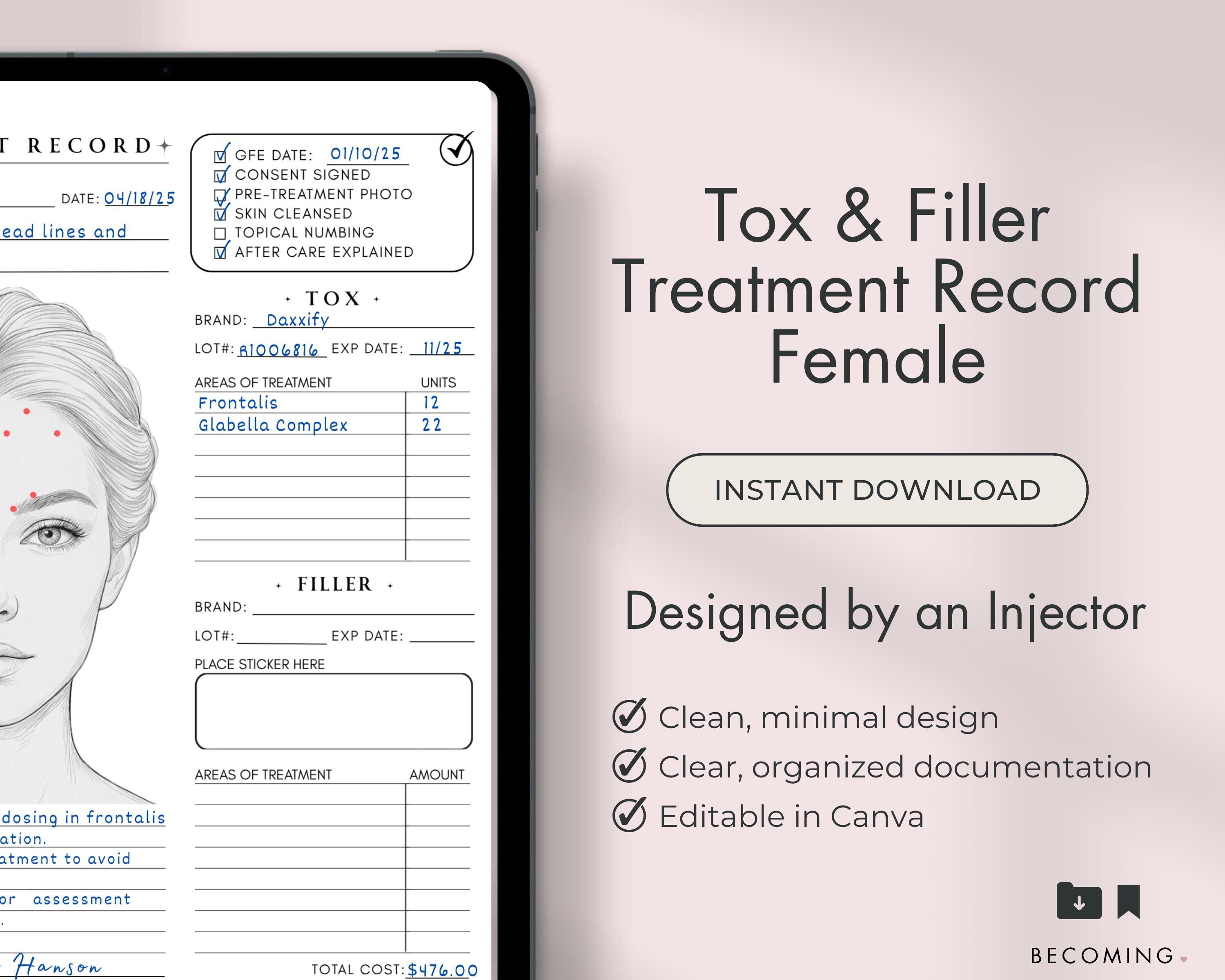 Botox Filler Treatment Record Form, Injector Client Mapping Chart ...