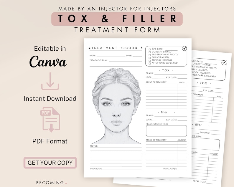 Tox Injector Form Botox Filler Treatment Record Form, Injector Client Mapping Chart ...