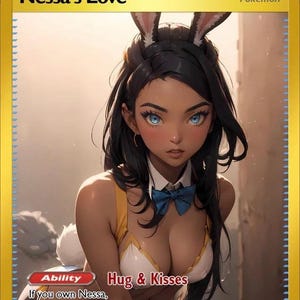 May include: A gold-bordered Pokemon Trainer card featuring an anime-style illustration of a woman with black hair, blue eyes, and bunny ears. The card is titled "Nessa's Love" and includes the text "Hug & Kisses" and "Ability".