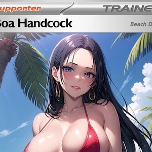 Può includere: Una carta collezionabile con un'illustrazione in stile anime di una donna in bikini rosso. La carta è etichettata "Boa Handcock" e "Beach Day" con testo "Supporter" e "Trainer". Palme e cielo blu sullo sfondo.