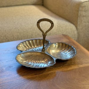 Vintage Three Shell Divided Server with Centre Handle Silver Tone Metal 26 cm Scallop Snack Dish Worn Finish Hostess Tray