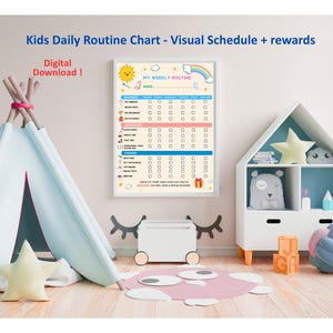 Peut inclure: Un tableau de routine quotidienne pour enfants encadré, avec un emploi du temps visuel et des récompenses. Le tableau présente un soleil et un arc-en-ciel, avec des cases à cocher pour les tâches quotidiennes. Le texte "Digital Download!" est également visible.