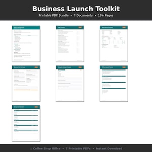 May include: A collection of seven printable PDF documents for business launch, including a getting started guide, legal checklist, and brand identity worksheet. The documents have a teal and white design with the text "Business Launch Toolkit".