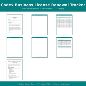 May include: A printable PDF bundle titled Codex Business License Renewal Tracker, featuring 7 documents and 14+ pages. The layout displays various templates, including a getting started guide, blank forms, and tables for tracking licence renewals.