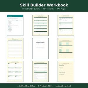 May include: A Skill Builder Workbook printable PDF bundle containing 9 documents and over 37 pages. The collection features various templates including a getting started guide, resource tracker, skill progression tracker, practice logs, and assessment worksheets.