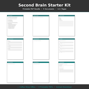 Può includere: Un kit di avvio Second Brain in formato PDF stampabile che include 9 documenti e oltre 14 pagine. La raccolta presenta vari modelli con intestazioni color verde acqua, sfondi bianchi e testo nero, organizzati in una griglia.