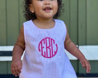 Girls Monogram Seersucker Bubble Romper | Embroidered Baby Clothes