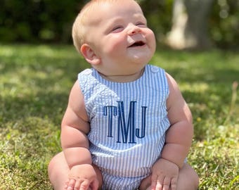 Monogram Seersucker Bubble Romper | Embroidered Baby Clothes