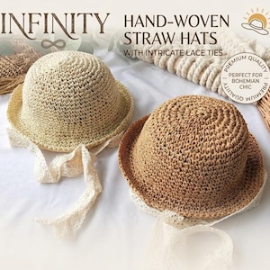 May include: Two hand-woven straw hats with intricate lace ties. One hat is a light beige color, and the other is a medium brown. The hats have a rounded crown and a wide brim. The text "INFINITY HAND-WOVEN STRAW HATS WITH INTRICATE LACE TIES" is visible.
