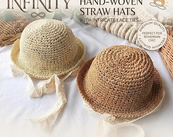 Hand-Woven Straw Bonnet | Vintage Crochet Sun Hat with Lace Ties (UV Protection) 48-50 cm
