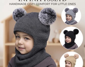 Bonnet cagoule en tricot pour tout-petit | Double pompons, cache-oreilles doublé en polaire (36-54 cm)
