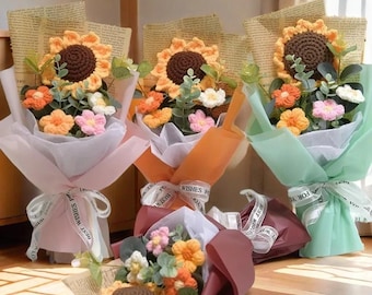 Bouquet de marguerites tournesol au crochet fait main, cadeau de décoration florale éternelle