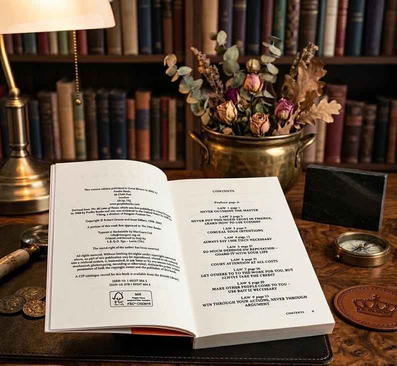 Op de afbeelding: Een open boek met de inhoudsopgave zichtbaar, met teksten over wetten en strategie&euml;n. Een messing pot met gedroogde bloemen staat achter het boek. Een kompas en munten liggen ook op het houten oppervlak.