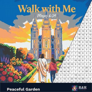 May include: A paint-by-number pattern featuring a temple with spires under a sunset sky, with the text Walk with Me and Moses 6:34. In the foreground, a figure in a robe and a person in a red jacket walk along a path through a garden of flowers.