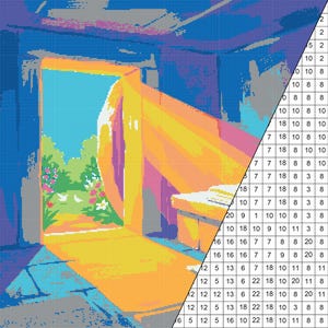 Puede incluir: Imagen de pintar por números colorida que representa una habitación con una puerta abierta. La escena presenta un piano naranja brillante y una vista de un jardín con flores y un cielo azul. La imagen está compuesta por pequeños cuadrados numerados.