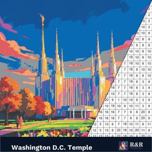 May include: A paint-by-number pattern of the Washington D.C. Temple featuring a vibrant sunset sky, tall spires, and autumn trees. The right side displays a numbered grid for color matching, and the bottom text reads Washington D.C. Temple.