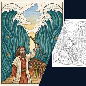 Op de afbeelding: Een illustratie toont een bijbelse scène met een man die een staf vasthoudt en turquoise wateren splitst. Een menigte mensen loopt tussen de watermuren door. De lucht is een mix van blauw, geel en wit.