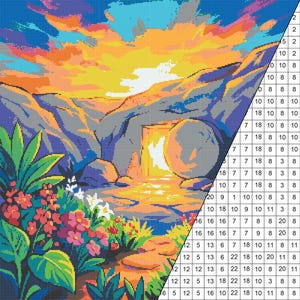 Puede incluir: Un kit de pintura por números con un paisaje vibrante con un amanecer sobre una tumba. La escena incluye flores coloridas, vegetación exuberante y una gran piedra. El cielo transita de amarillo a azul.