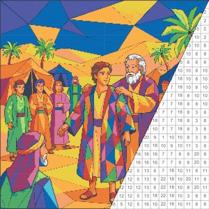 Könnte beinhalten: Ein farbenfrohes Malen-nach-Zahlen-Bild, das eine biblische Szene darstellt. Das Kunstwerk zeigt Figuren in Roben, Zelten und Palmen, mit einer lebendigen Palette aus Blau-, Orange- und Grüntönen. Das Bild ist in nummerierte Abschnitte zum Ausmalen unterteilt.
