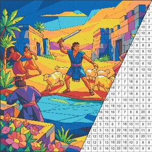 Op de afbeelding: Een kleur-op-nummer kunstafdruk die een bijbelse scène afbeeldt met figuren, schapen en gebouwen. Het kunstwerk toont een man met een zwaard, met een levendig kleurenpalet van blauw, oranje en geel. De afbeelding is verdeeld in genummerde secties.