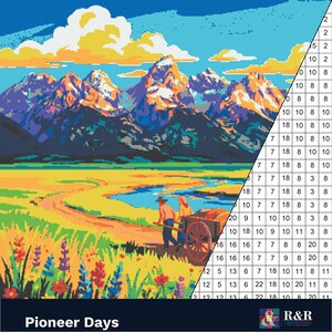 May include: A paint-by-number kit titled Pioneer Days featuring a landscape of snow-capped mountains, a yellow field, and a person pulling a wooden cart. The right side shows a numbered grid for color matching, with the R&R Creative Studio logo below.