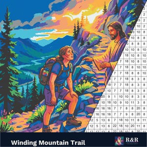 May include: A paint-by-number kit titled Winding Mountain Trail featuring a colorful pixelated illustration of a hiker with a backpack looking up at a figure in robes on a mountain path, with a numbered grid section on the right side of the image.
