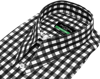Camisa de hombre con cuello tipo daga de punta de lanza, cuadros vichy negros, 100% algodón, estilo años 30, camisa retro para fiestas, disfraz de teatro o escenario.