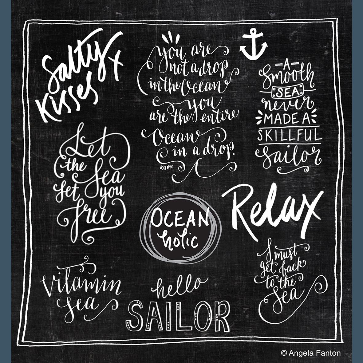 Sea Overlays ~ Inspirational Calligraphy Quotes ~ Hand-drawn Clipart Editable Digital Stamp ~ Photography Scrapbooking Craft Projects