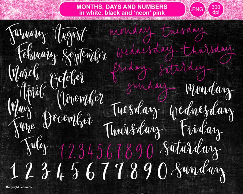 Months, Days and Numbers Overlays Essential Diary Dates Hand-drawn Digital Artwork Scrapbooking Craft Projects image 1