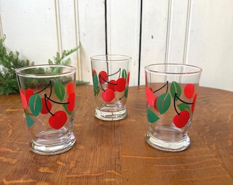 Vintage Cherry Juice Glasses Set of 3 | Red Cherry Print | Americana Table | 4th of July Decor | MCM Kitchen