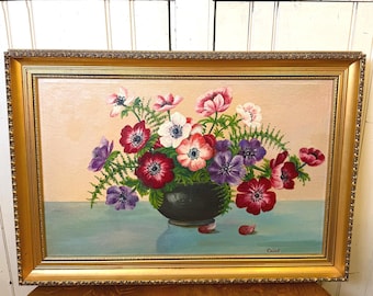 Vintage Signed "Cavell" Floral Oil Painting | Anemones in Bowl | Gilt Frame | Original Oil on Board | Still Life Wall Art