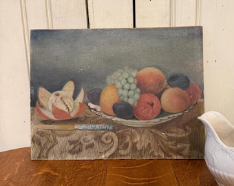 Antique Pastel on Board Still Life Painting | Fruit Bowl with Knife | Dutch Old Master Style | Unsigned | Late Victorian | Shelf Art