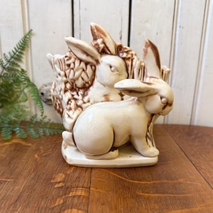 Vintage McCoy Pottery Two Bunny Rabbit Planter | 1951 | Cream & Brown Glaze |  Collectible USA Pottery