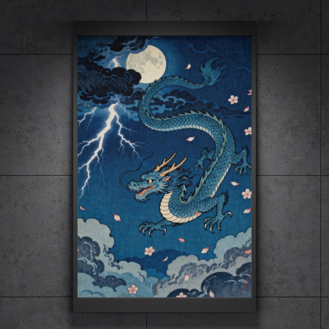 Japanese Dragon & Thunder Wall Art – Ukiyo-e Style Print (digital ...
