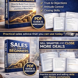 Puede incluir: Imagen de un libro titulado "Sales for Beginners" con el texto: "How to Build Trust, Handle Objections, Improve Attitude, and Close More Deals." Incluye una guía PDF y hojas de trabajo. También se ven cuadernos abiertos.