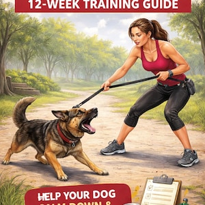 Può includere: Copertina del libro "Reactive Dog 12-Week Training Guide" con una donna che tiene un cane al guinzaglio. Il cane abbaia. Il testo "Help Your Dog Calm Down & Enjoy Walks!" è presente.