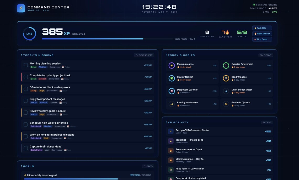 ADHD Command Center Notion Template | Gamified Productivity System ...
