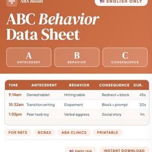 ABC Behavior Data Sheet | ABA Data Collection for RBTs | Antecedent Behavior Consequence Form | Printable Therapy Tool | English