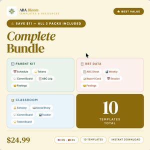 May include: A digital product graphic with the text "Complete Bundle" and "ABA Bloom Templates & Resources." The bundle includes Parent Kit, RBT Data, and Classroom templates. The graphic also states "Save $11 - All 3 Packs Included."