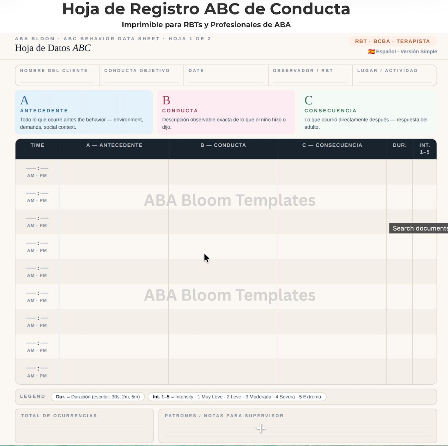 Hoja De Datos ABC | Registro De Conducta ABA Para Rbts | Antecedente ...