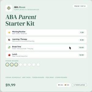 ABA Parent Toolkit | Visual Schedule + Token Board + ABC Data Sheet | Autism Printable Home | Bilingual English + Spanish