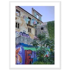 Puede incluir: Una fachada de edificio deteriorada de varios pisos con extensos grafitis coloridos, hormigón expuesto y marcos de ventanas vacíos. Un árbol de hojas verdes se encuentra en primer plano, oscureciendo parcialmente la pared inferior cubierta de pintura azul y roja.