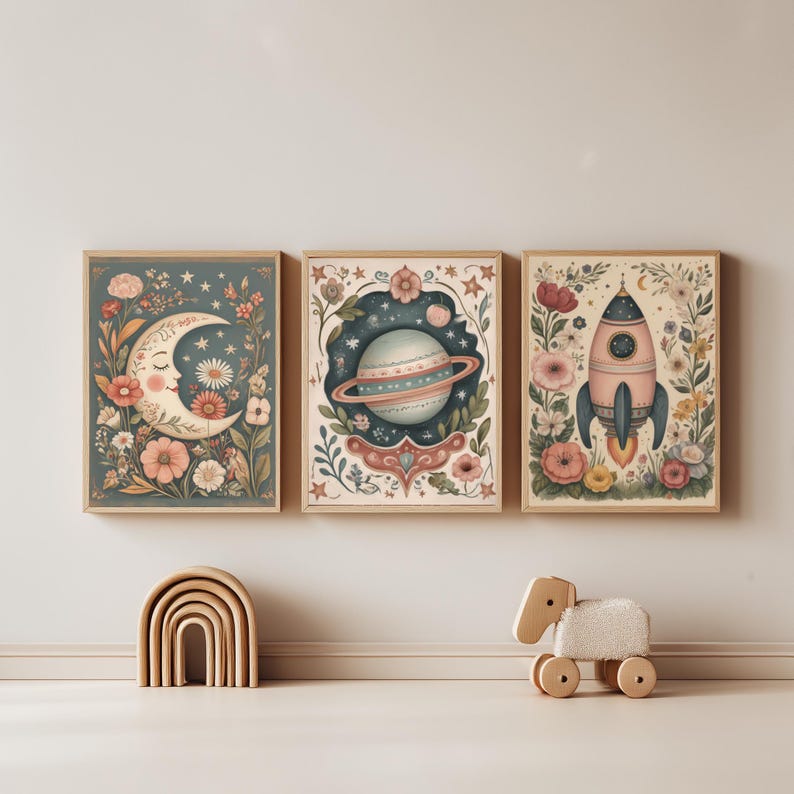 Space Nursery Wall Art Set of 3, Moon Planet Rocket Prints, Celestial ...