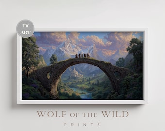 Fantasy Landscape Frame TV Art, Fellowship Journey Wall Art, Epic Mountain Scene, Castle Bridge Art, Cinematic TV Display  664